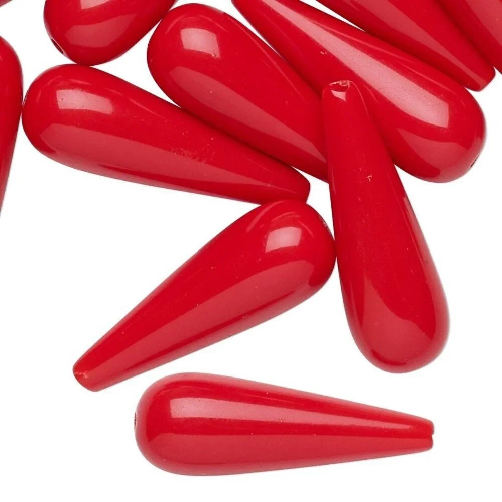 Vintage Germany Red Lucite Acrylic Large 31x10mm Long Teardrop Beads 2 pcs